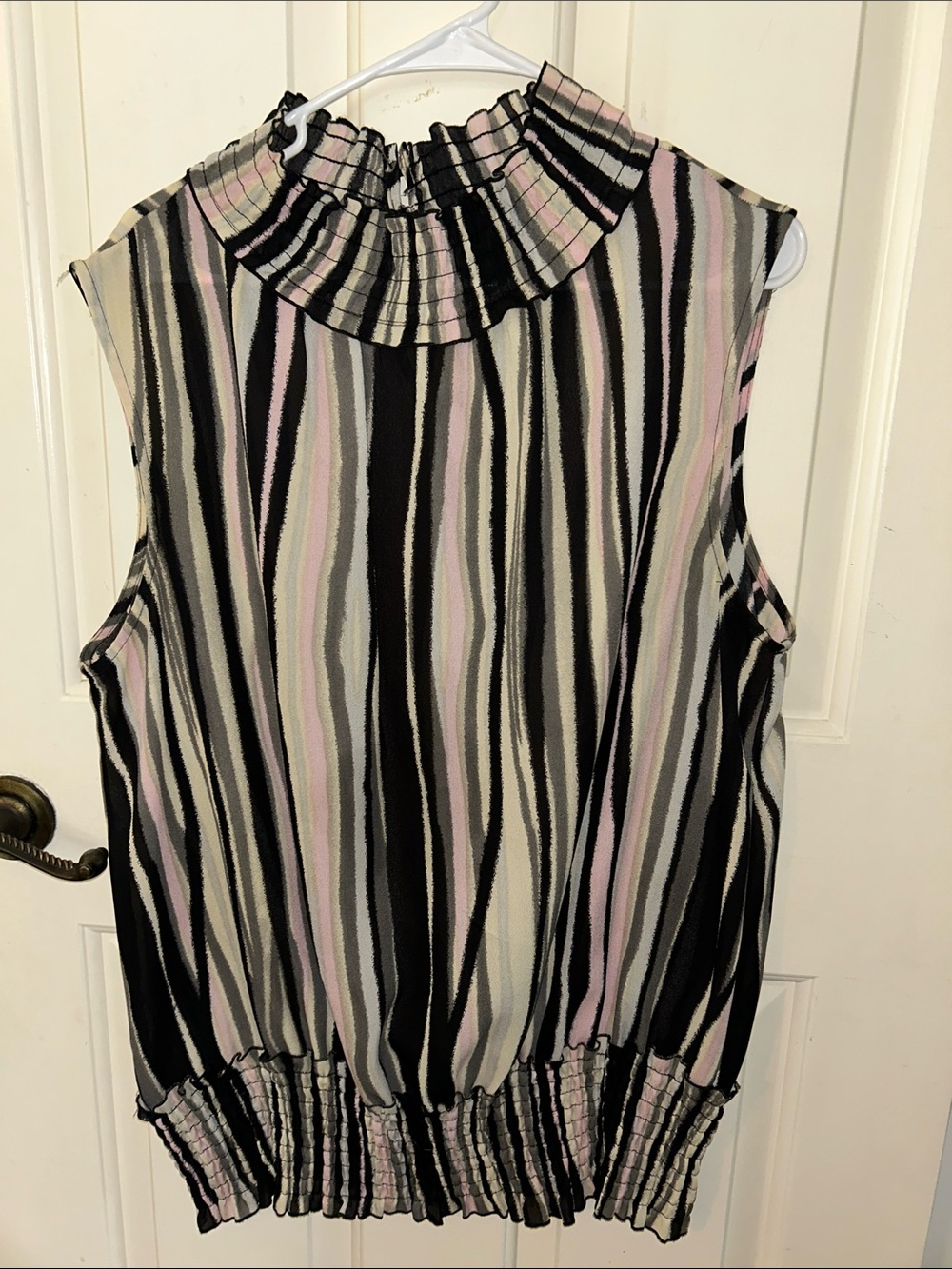Striped Sleeveless Ruffled Neck Camisole - Black, Pink & Cream
